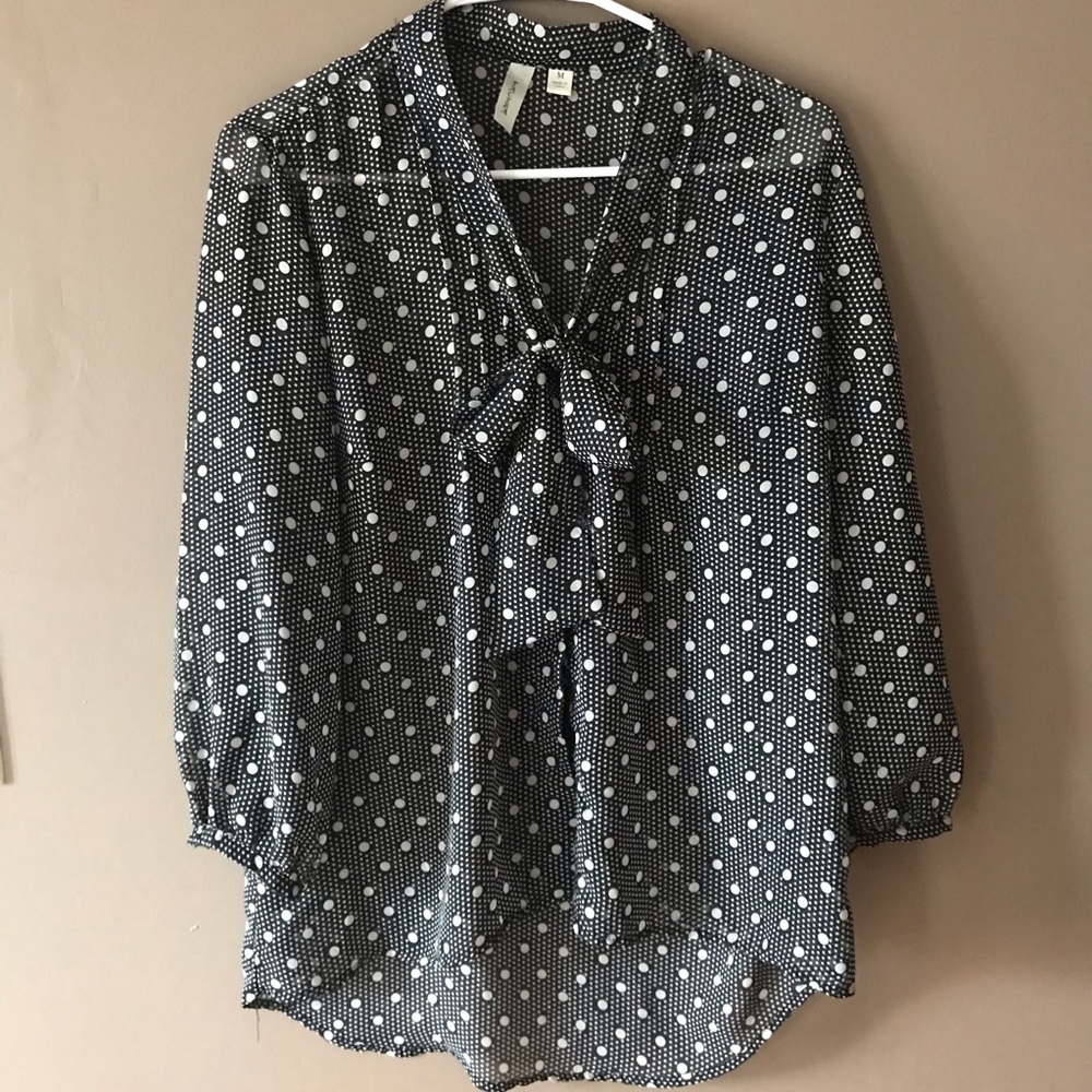 Shear polka dot button up blouse with tie